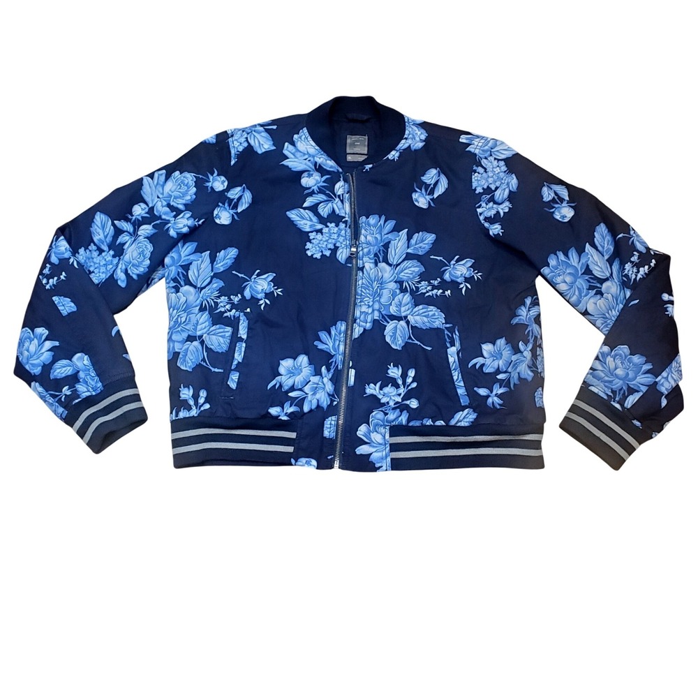 Gap Women Navy Blue‎ Floral Print Bomber Full Zip Jacket Lightweight Size XL